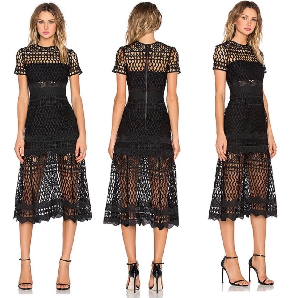Self Portrait Black Cut Out Lace Layered Midi Dress Size 0
